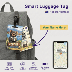 Hobart smart luggage tag with Tasmanian Devil mascot