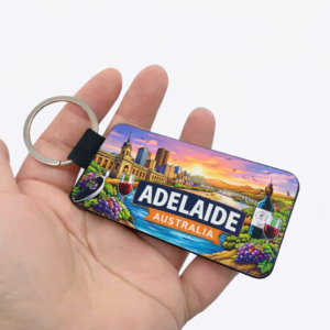 Adelaide Australia Keychain featuring city skyline, vineyards and wine region premium PU leather South Australian souvenir