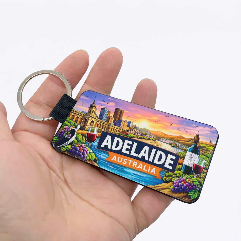 Adelaide Australia Keychain featuring city skyline, vineyards and wine region premium PU leather South Australian souvenir
