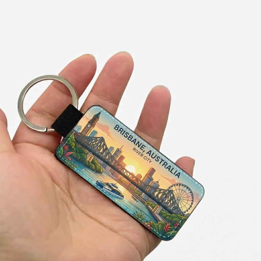 Brisbane Australia Keychain featuring Story Bridge and Brisbane Wheel premium PU leather Australian souvenir
