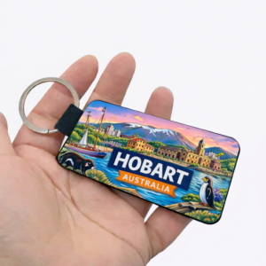 Hobart Australia Keychain featuring Tasmanian Devil, Fairy Penguin and Salamanca waterfront premium PU leather Tasmanian souvenir