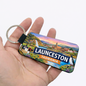 Launceston Tasmania Keychain featuring Cataract Gorge, heritage architecture and Fairy Penguin premium PU leather Tasmanian souvenir
