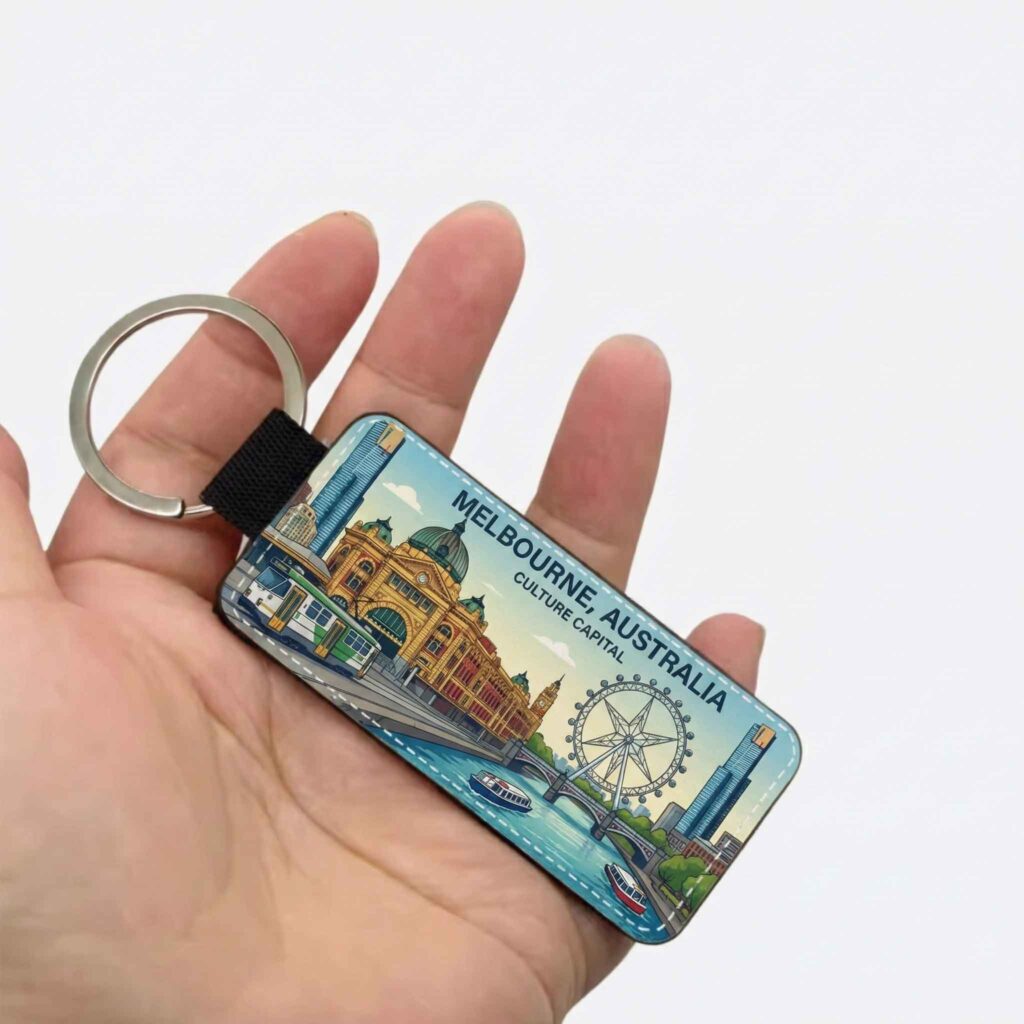 Melbourne Australia Keychain featuring Flinders Street Station and Melbourne Star premium PU leather Australian souvenir