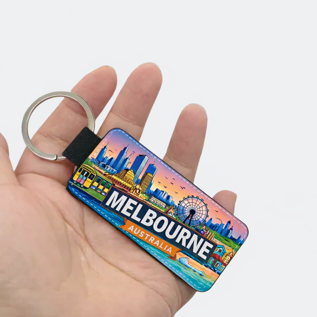 Melbourne Australia Keychain featuring Melbourne Star, classic tram and Brighton Beach bathing boxes premium PU leather Australian souvenir