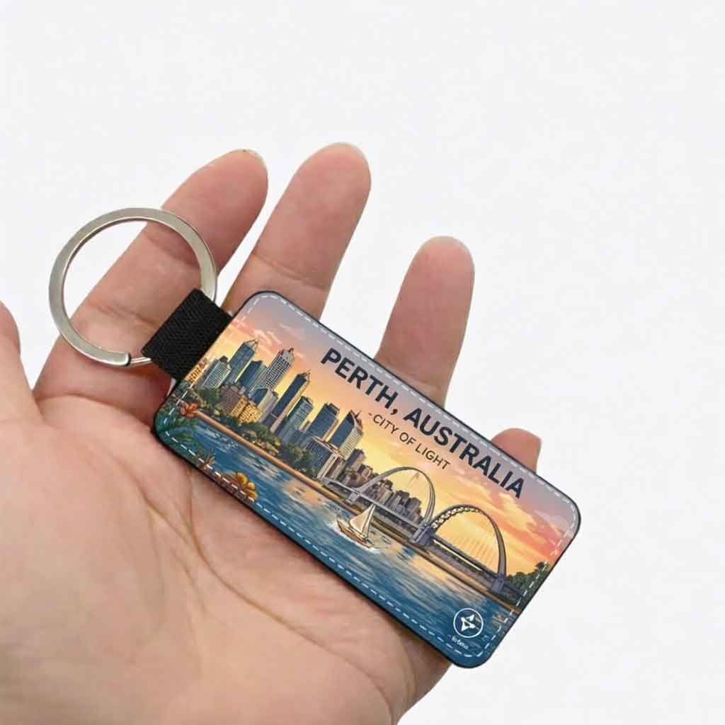 Perth Australia Keychain featuring Elizabeth Quay Bridge and Swan River skyline premium PU leather Australian souvenir