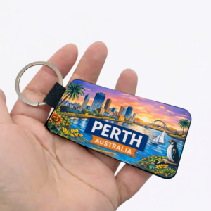 Perth Australia Keychain featuring city skyline, Elizabeth Quay, Fairy Penguin and native wildflowers premium PU leather Western Australian souvenir