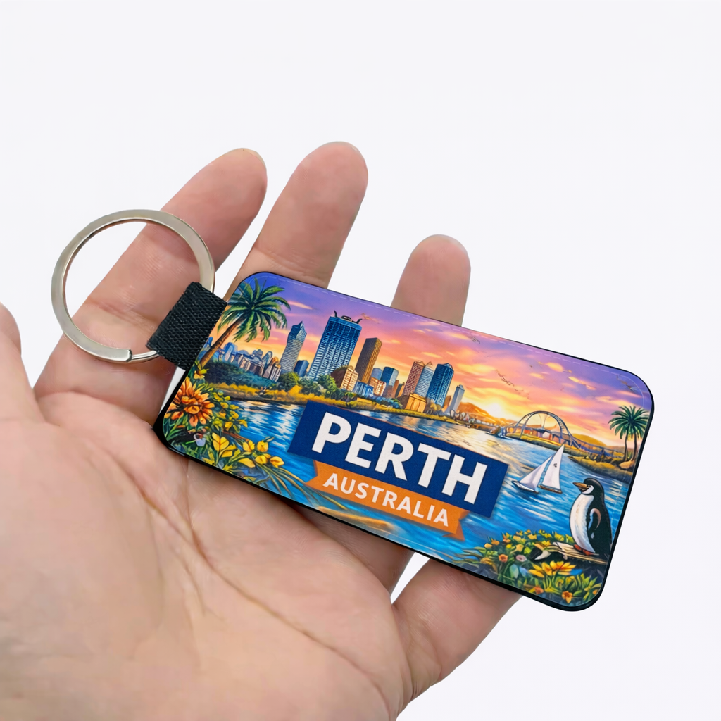 Perth Australia Keychain featuring city skyline, Elizabeth Quay, Fairy Penguin and native wildflowers premium PU leather Western Australian souvenir